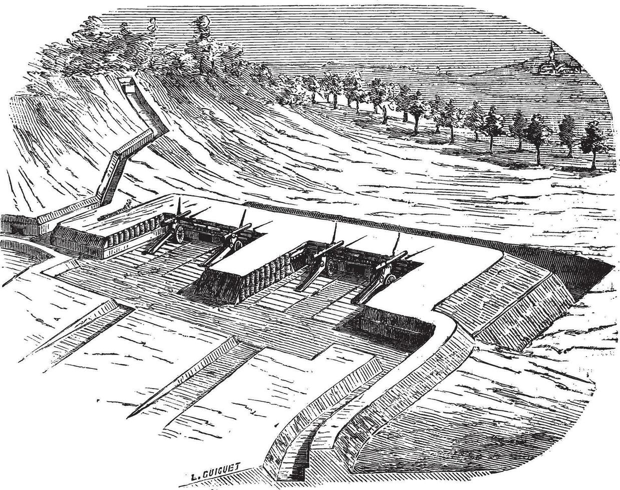 Artillery batteries on terreplein during siege vintage engraving vector