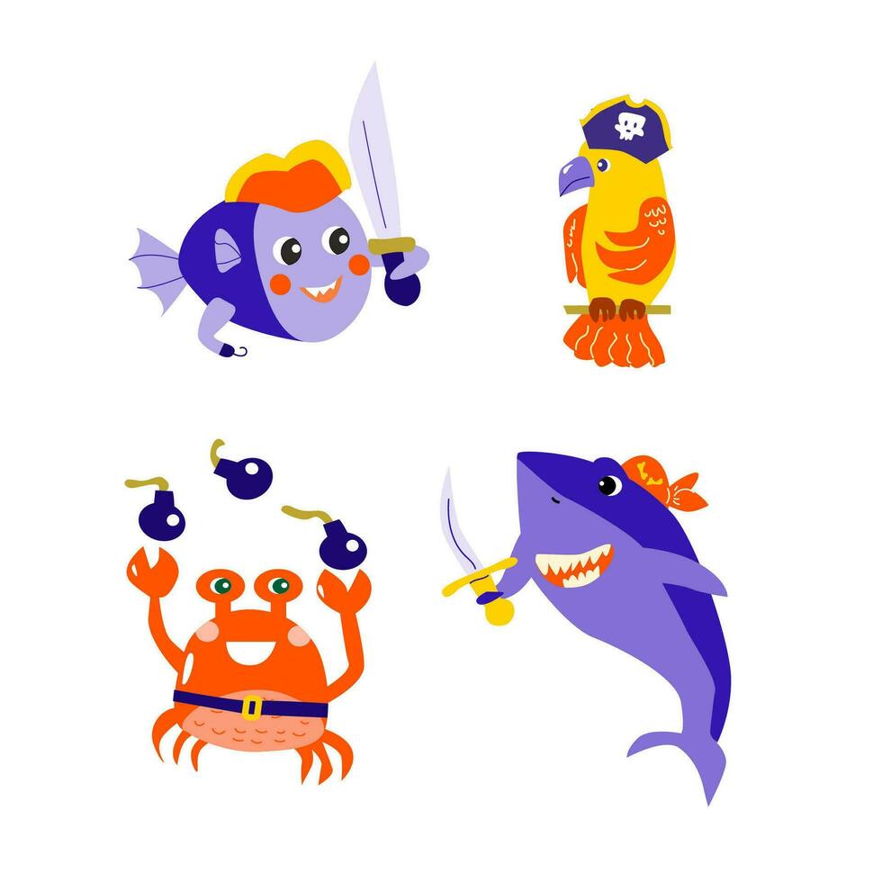 conjunto de dibujos animados caracteres pescado piratas y loro vector