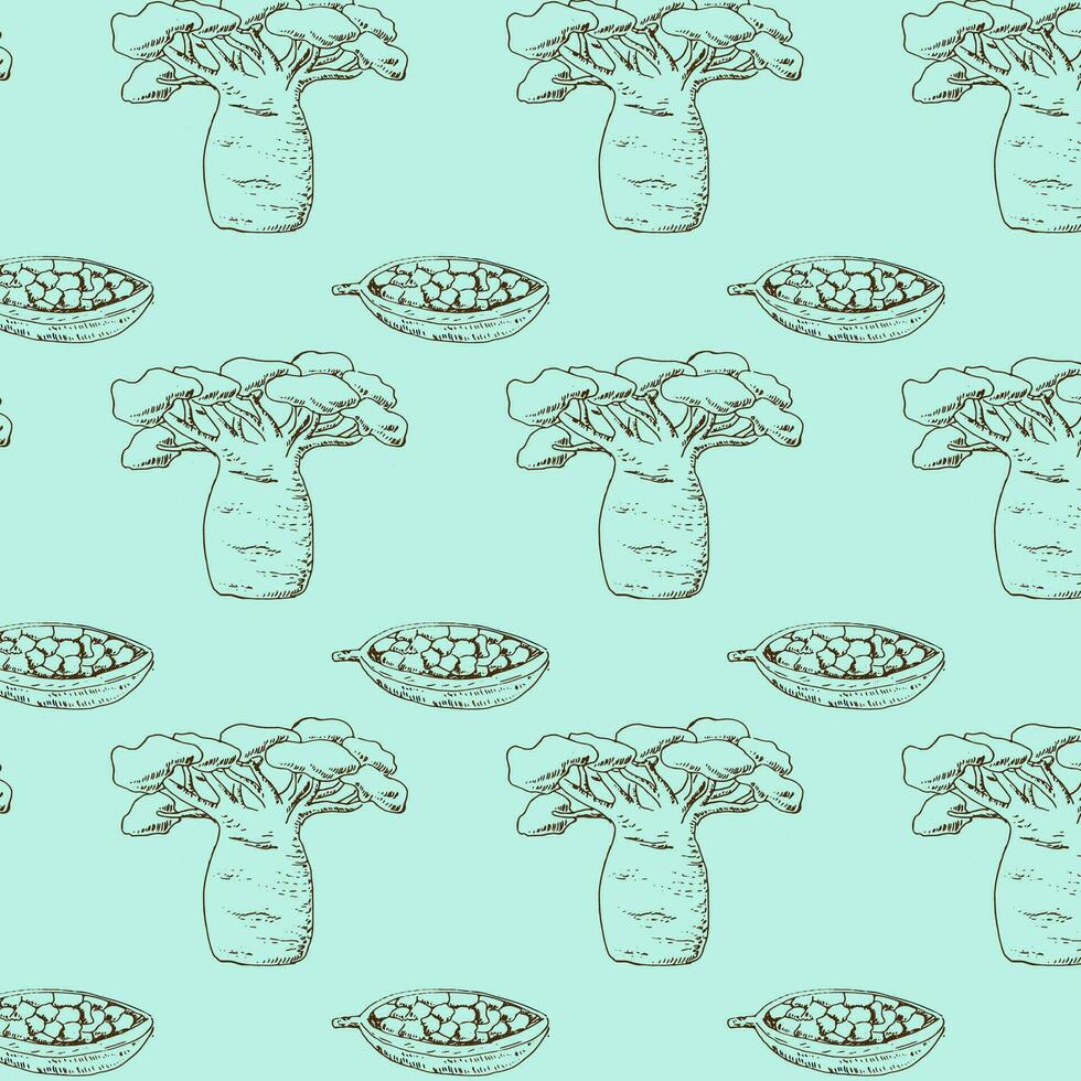 blue seamless pattern with baobab beans and tree vector