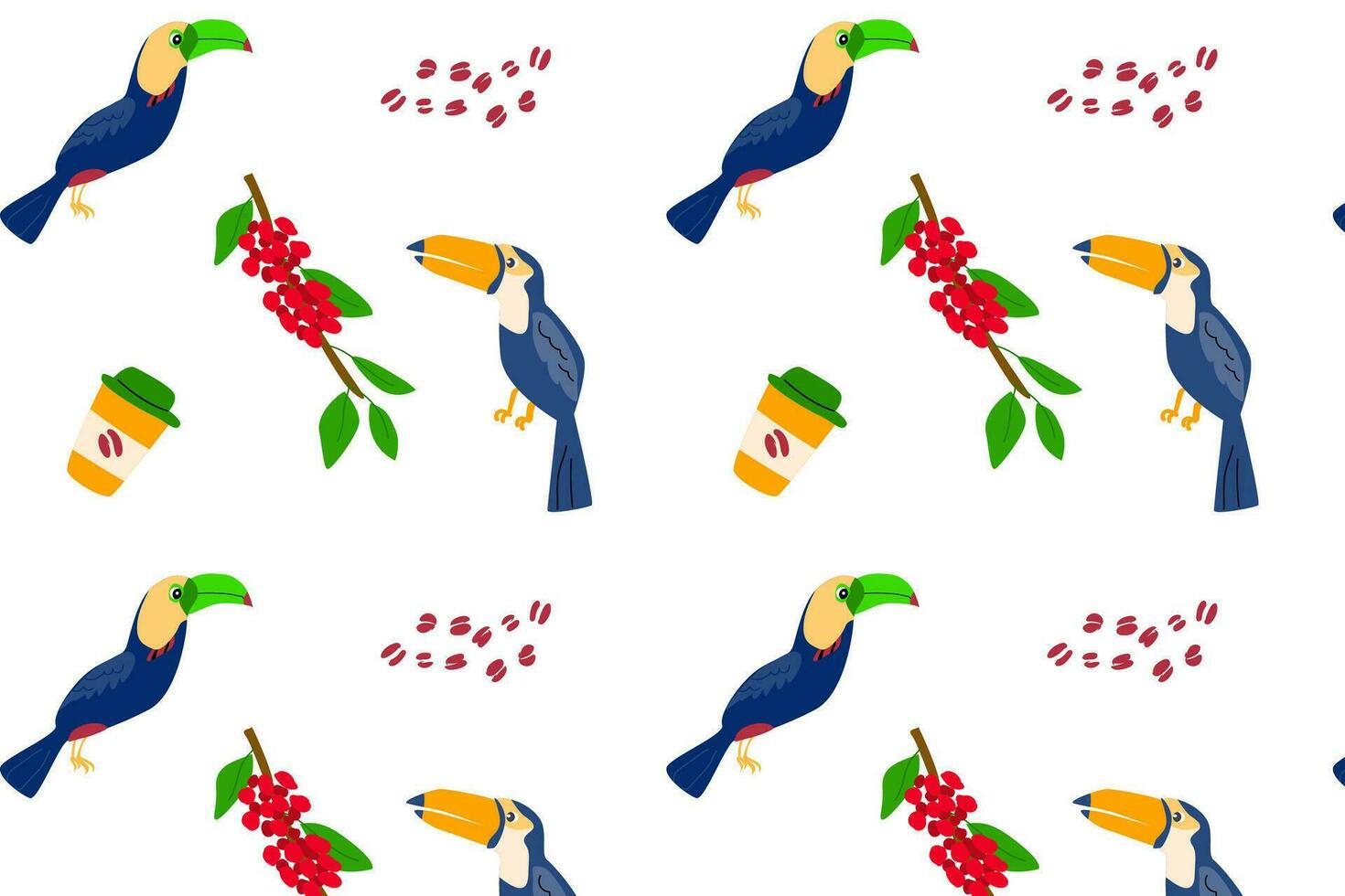 birds toucans and raw coffee tropical pattern vector