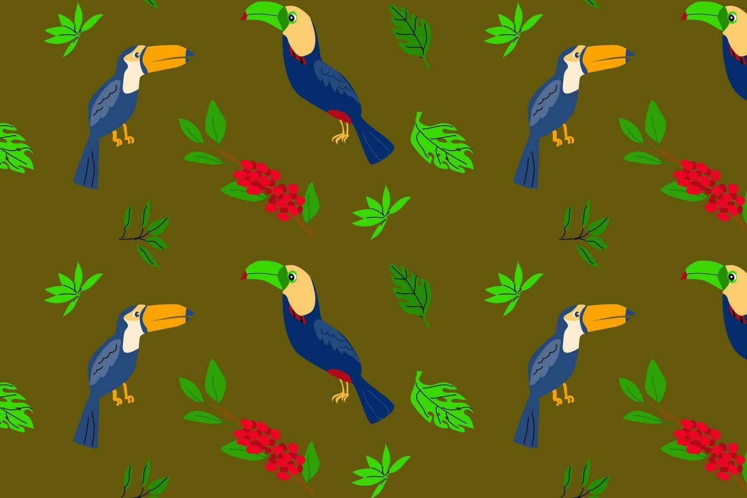 seamless toucans and leaves and berryes pattern vector