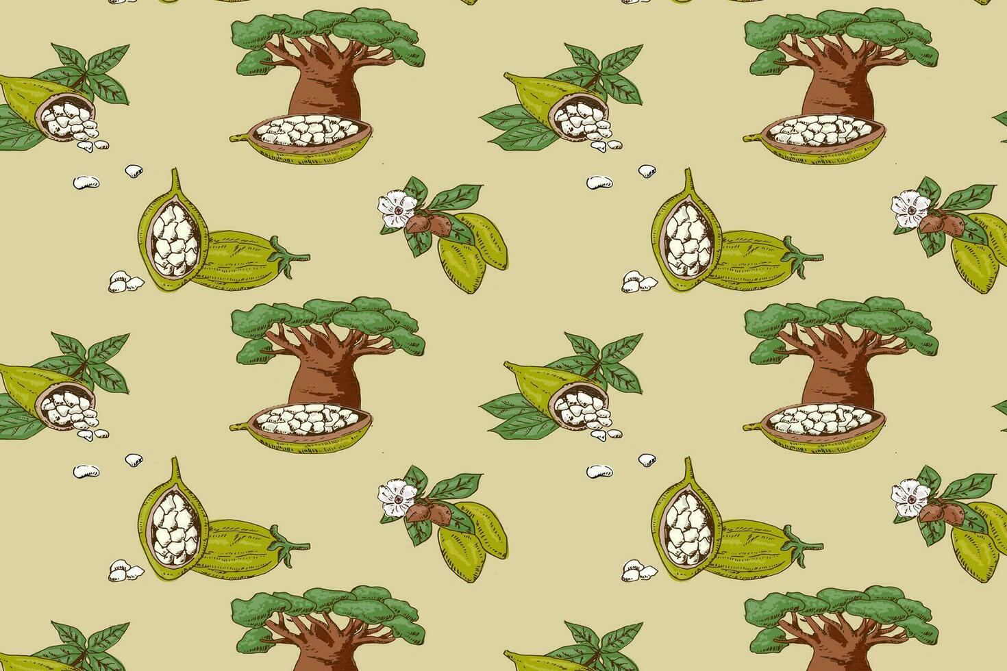 baobab vector seamless pattern in hand drawn style