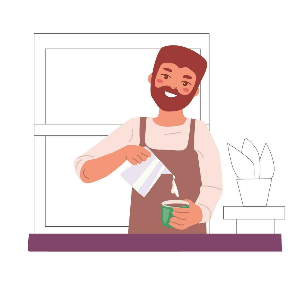 cartoon barista man with coffee cup and milk vector