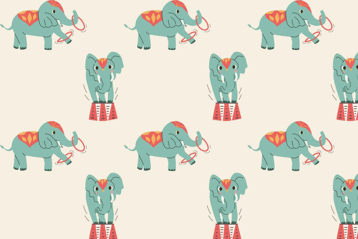 cute elephant with drum, ring seamless background vector