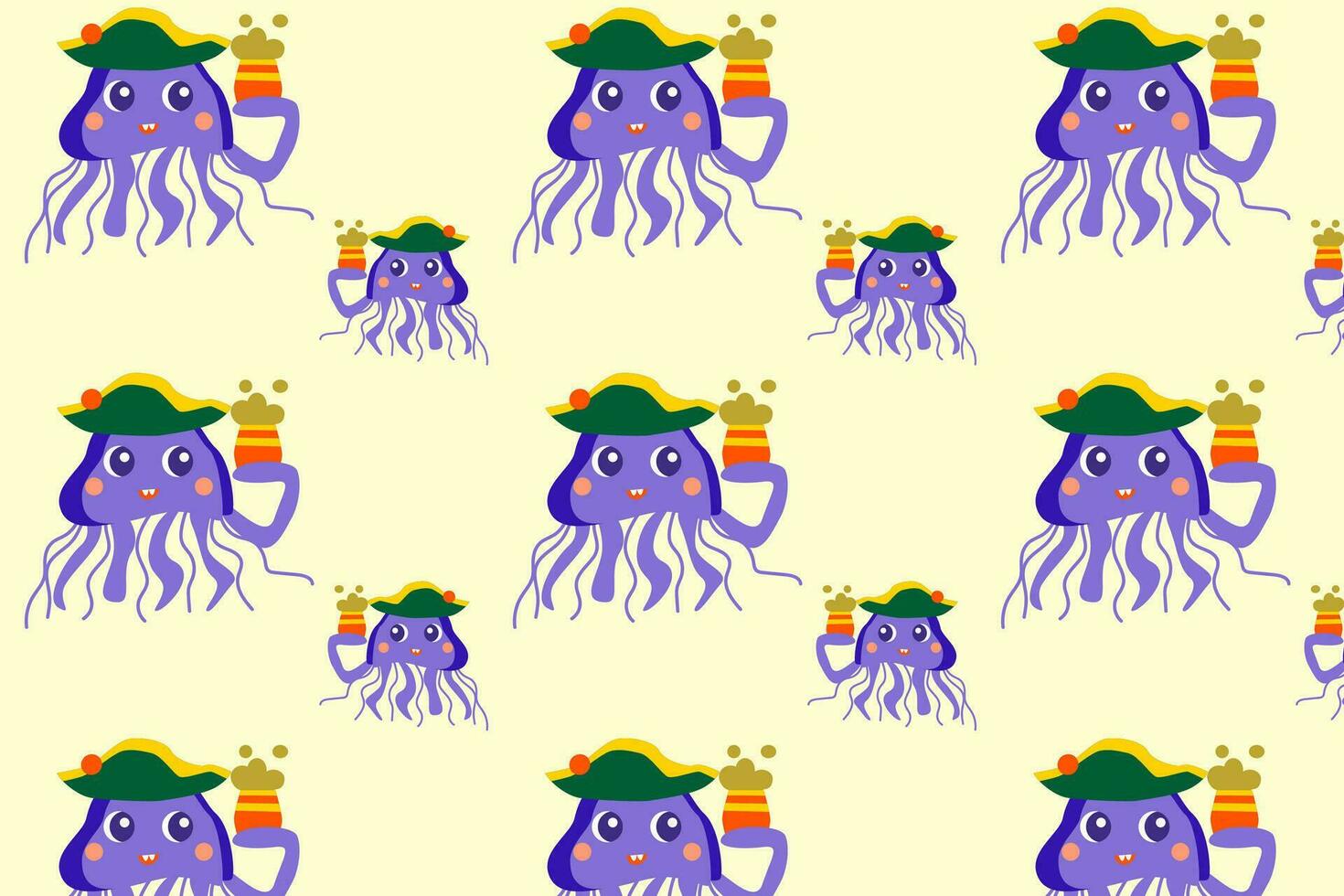 cute fish jellyfish in pirate hat pattern vector