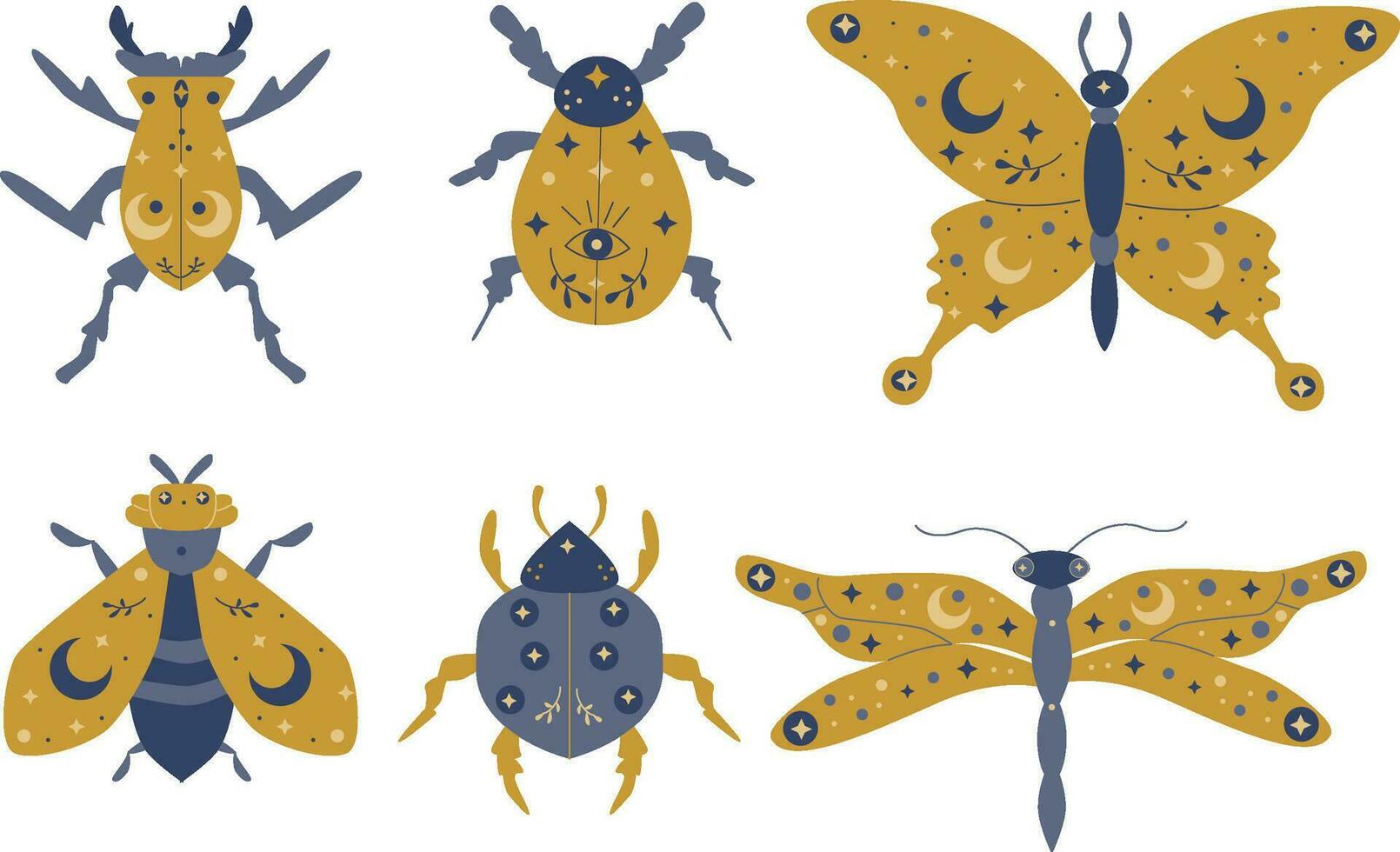 magic set of cosmic insects with moon and stars vector