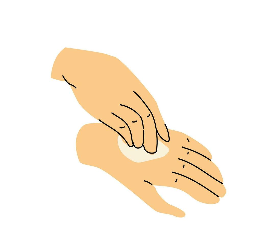 close up hand apply lotion or cream in flat style vector