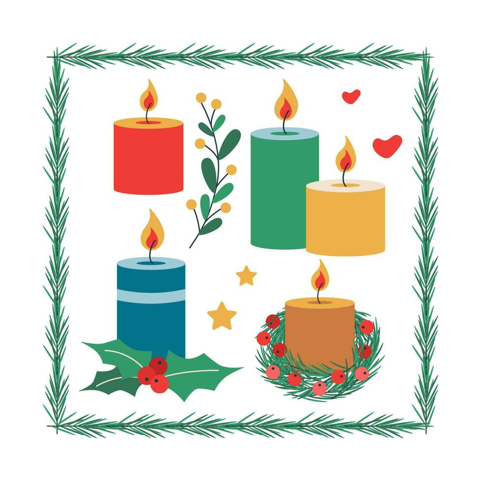 Set of Christmas candles,  berries and mistletoe leaves, frame. vector