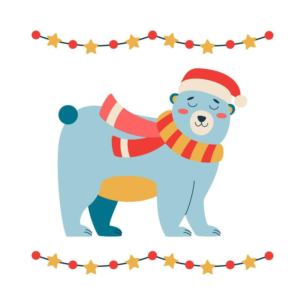 Set of Christmas bear with a red hat and scarf, frame with garland. vector