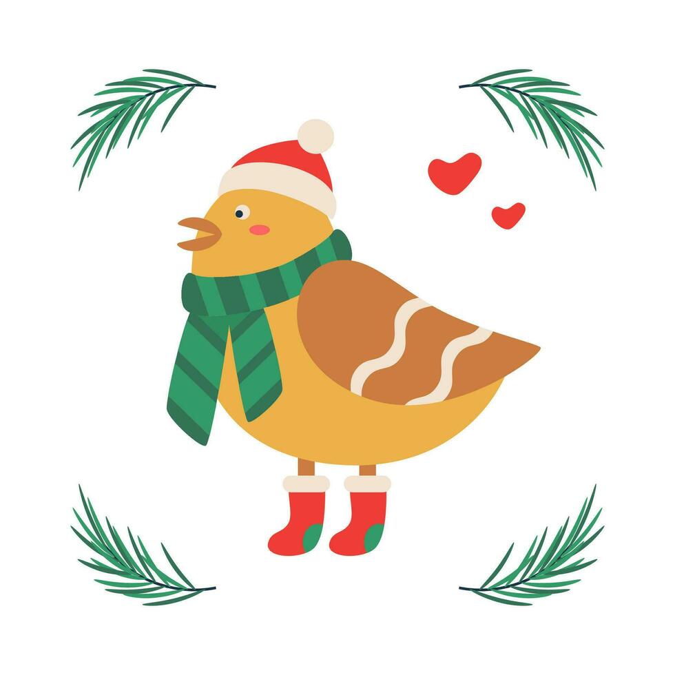 Set of Christmas bird in a red hat, scarf, and boots, frame with tree branch. vector