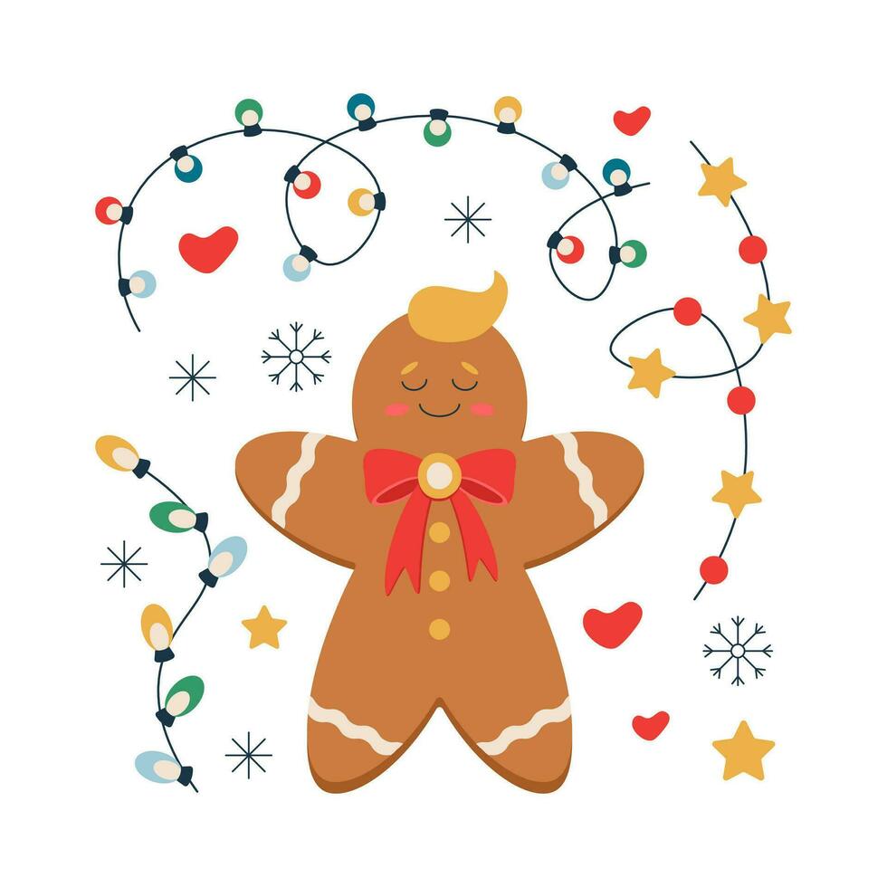 Set of Christmas gingerbread with a red ribbon around the neck and cream, garland. vector