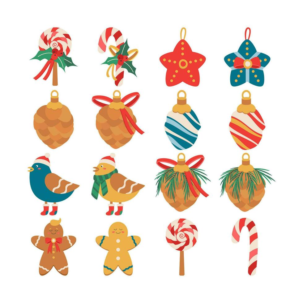 conjunto de Navidad juguete, aves, chupete, palo, pino cono, estrella, cintas y arco. vector