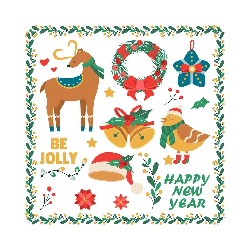 Set of Christmas toy, deer, wreath with mistletoe berries, bird, bell, text, frame. vector