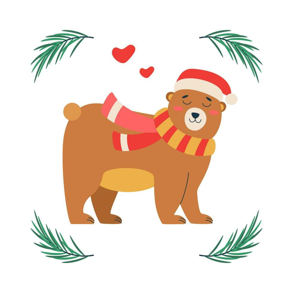 Set of Christmas bear with a red hat and scarf, frame with tree branch. vector
