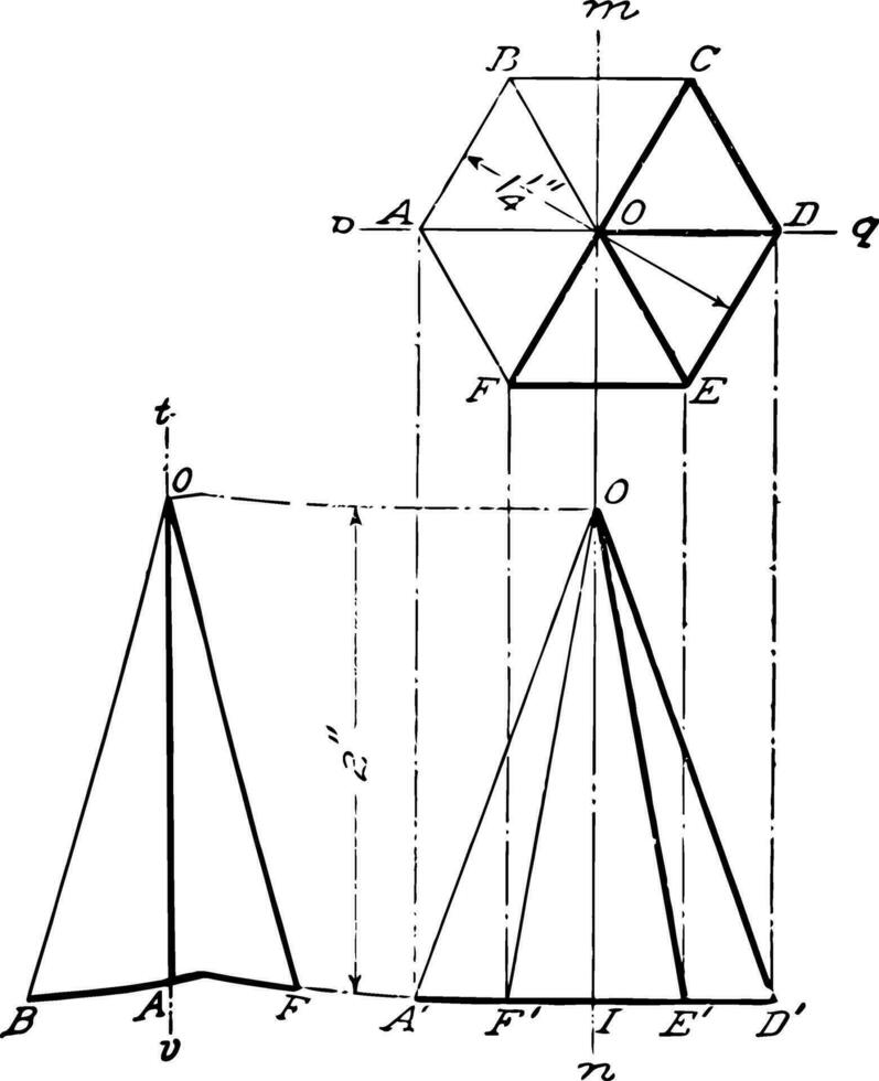 Projection Of Hexagonal Prism vintage illustration. vector