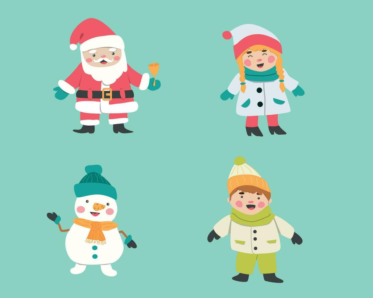 cartoon christmas characters and kids set vector