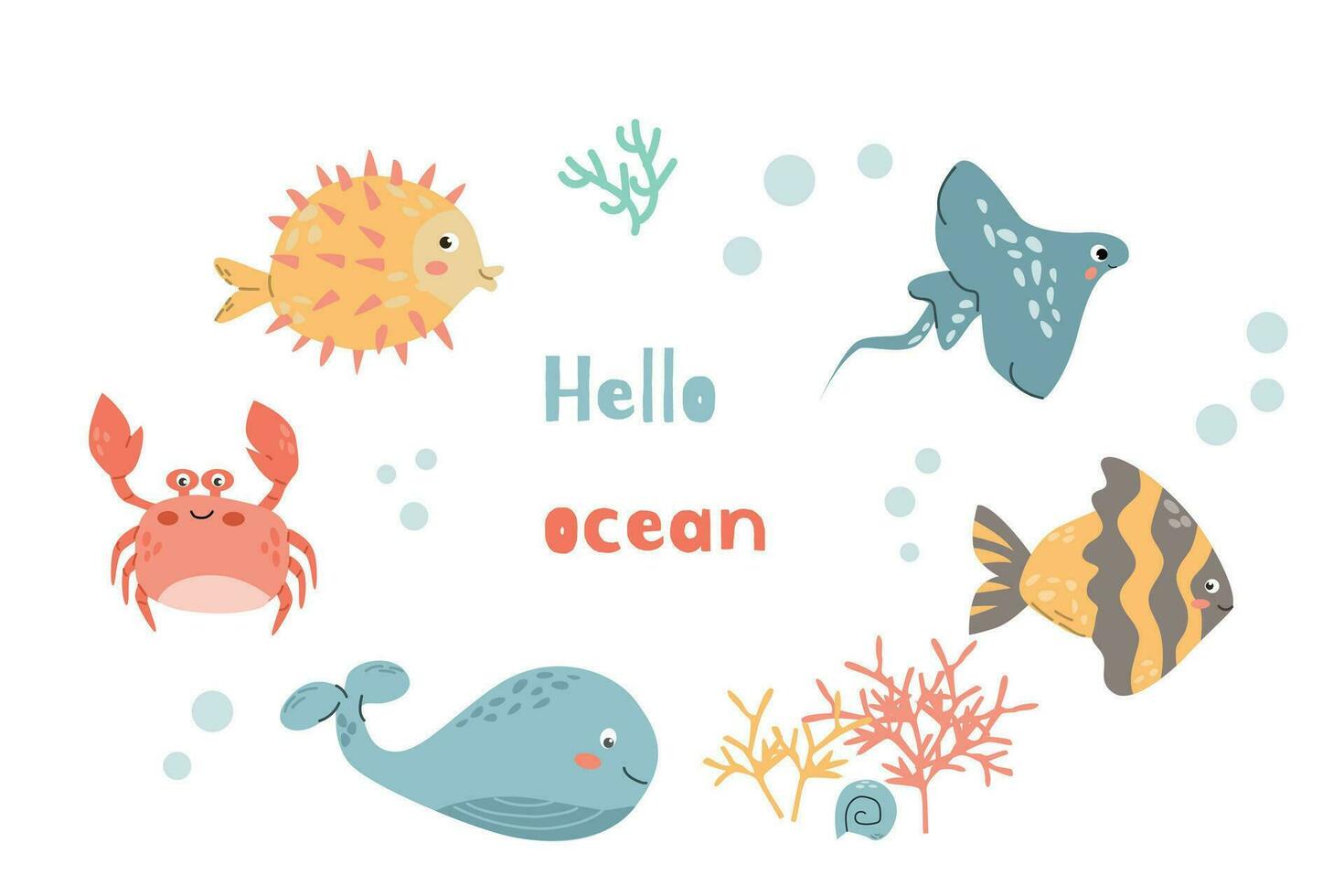childish underwater animals and hello ocean quote vector