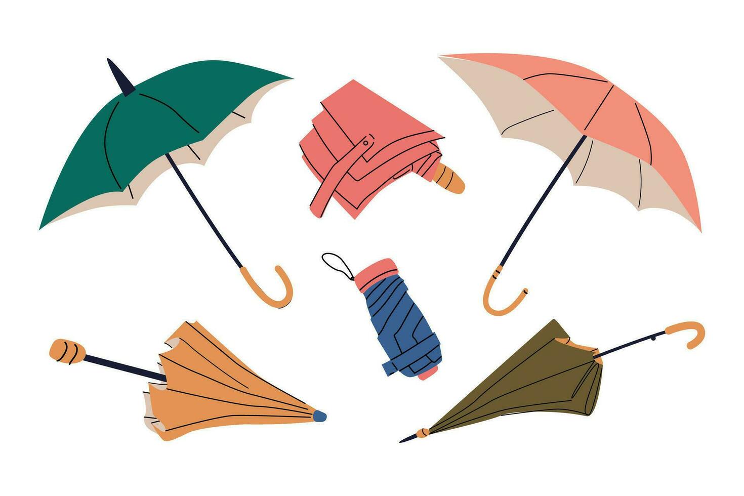 Closed, open, folded umbrellas in different colors vector