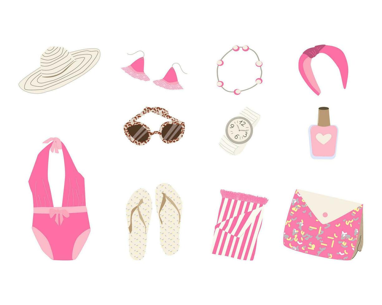 fashion set of clothes, accessories for a beach vector