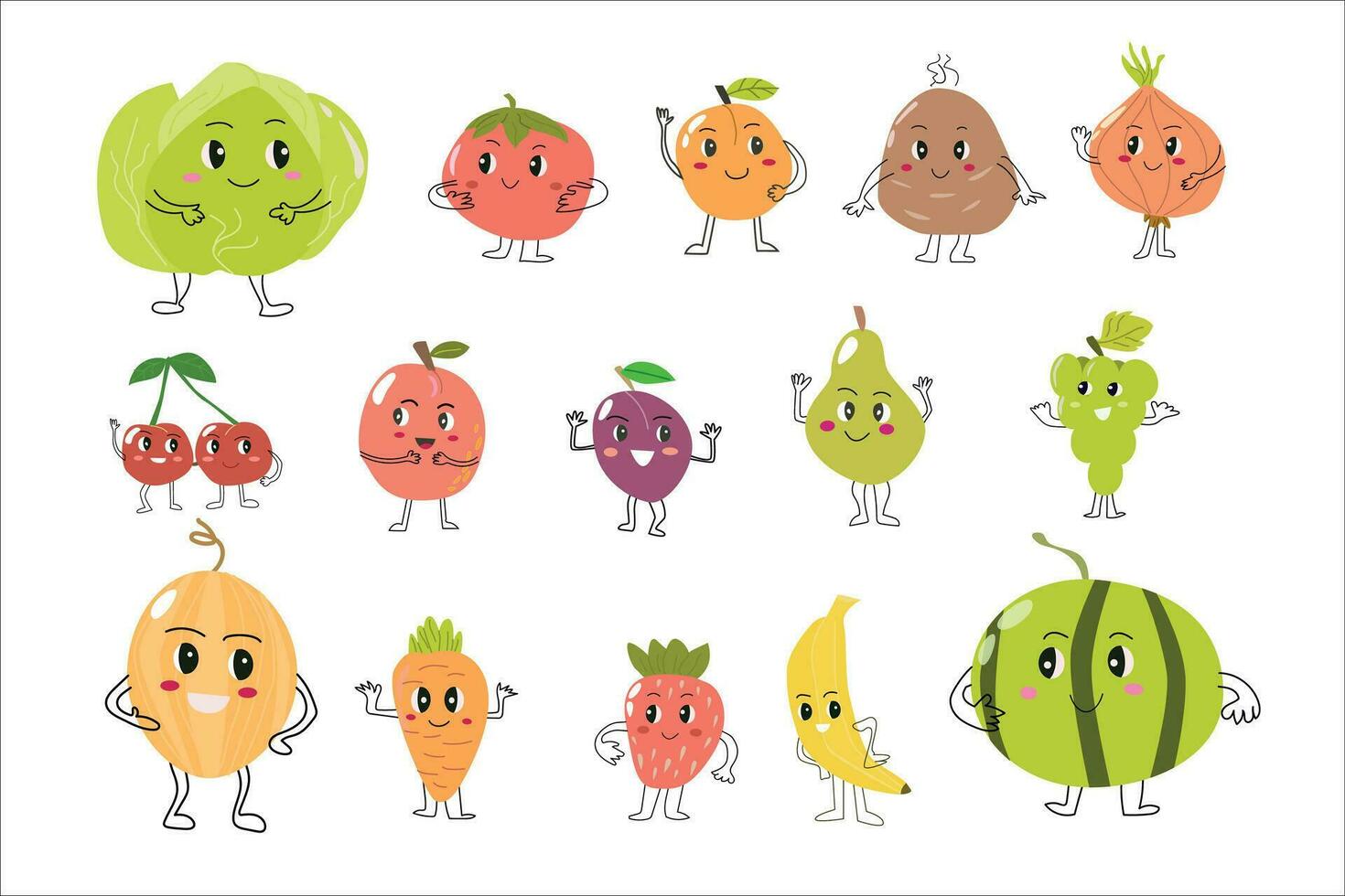 cute vegetables and fruits with face mascots set vector