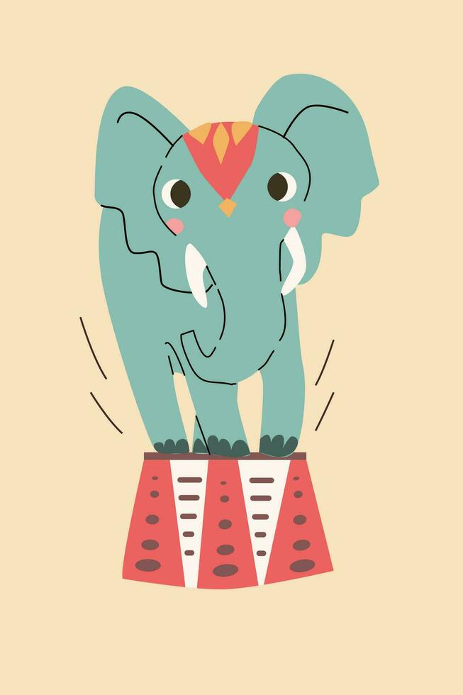 cute elephant on drum of circus in retro colors vector