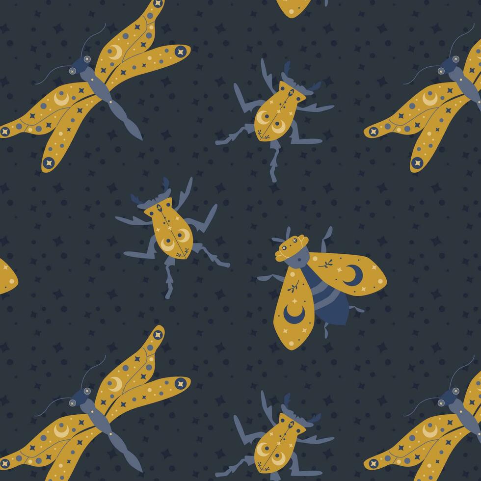 magic pattern with bright insects in golden color vector