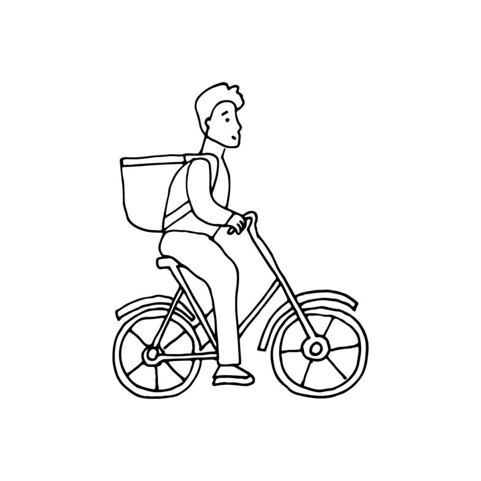 entrega, entrega terminado de bienes a el comprador. mensajero en un bicicleta con un caja en su atrás. garabatear. vector ilustración. mano dibujado. describir.