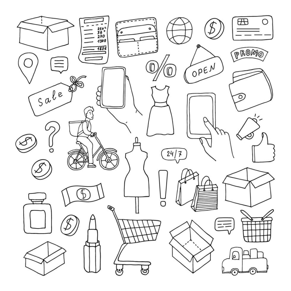 conjunto compras. en línea compras símbolos y iconos garabatear. vector ilustración. mano dibujado. describir.