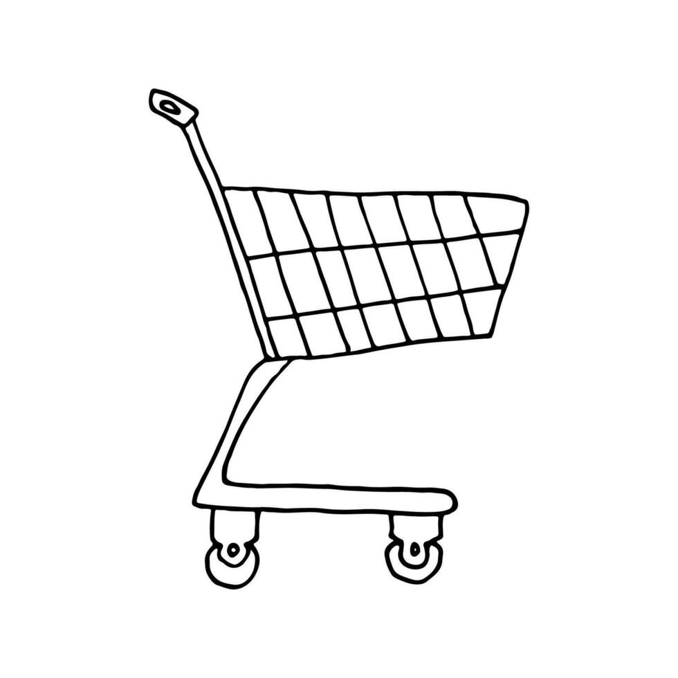 Shopping trolley, basket-style mesh design. Supermarket. Doodle. Vector illustration. Hand drawn. Outline.