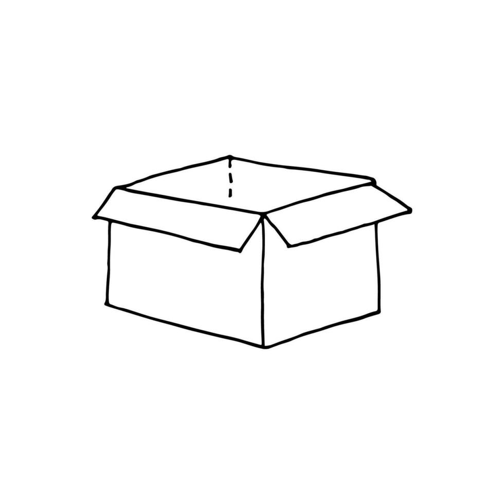 Cardboard box, open and empty. Doodle. Vector illustration. Hand drawn. Outline.