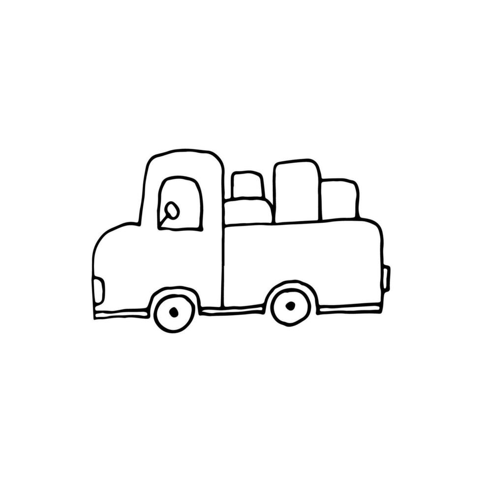 Courier delivery, shipment of goods. The truck transports boxes. Doodle. Vector illustration. Hand drawn. Outline.