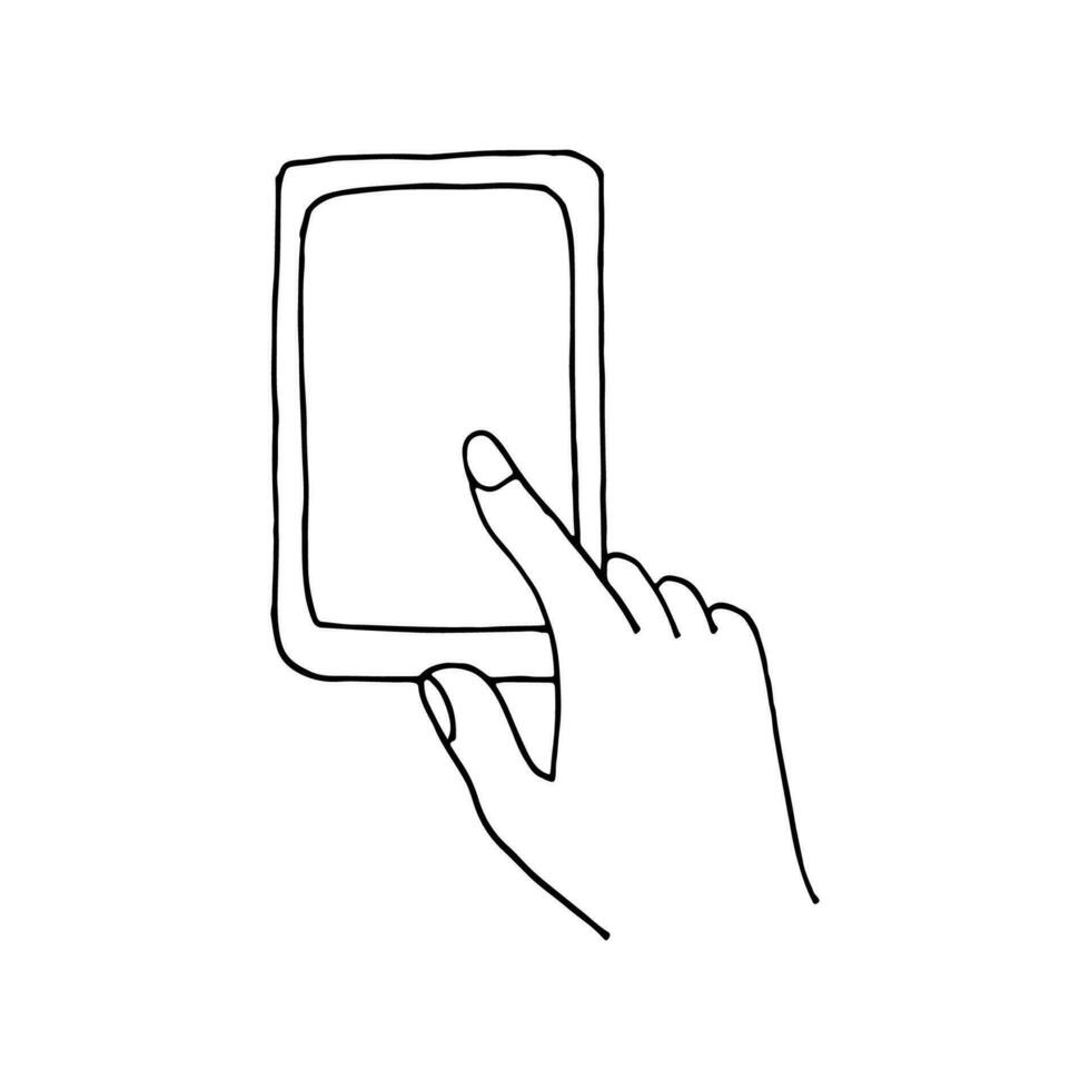 Mobile phone and thumb pressing on the screen. Communication means. Doodle. Vector illustration. Hand drawn. Outline.
