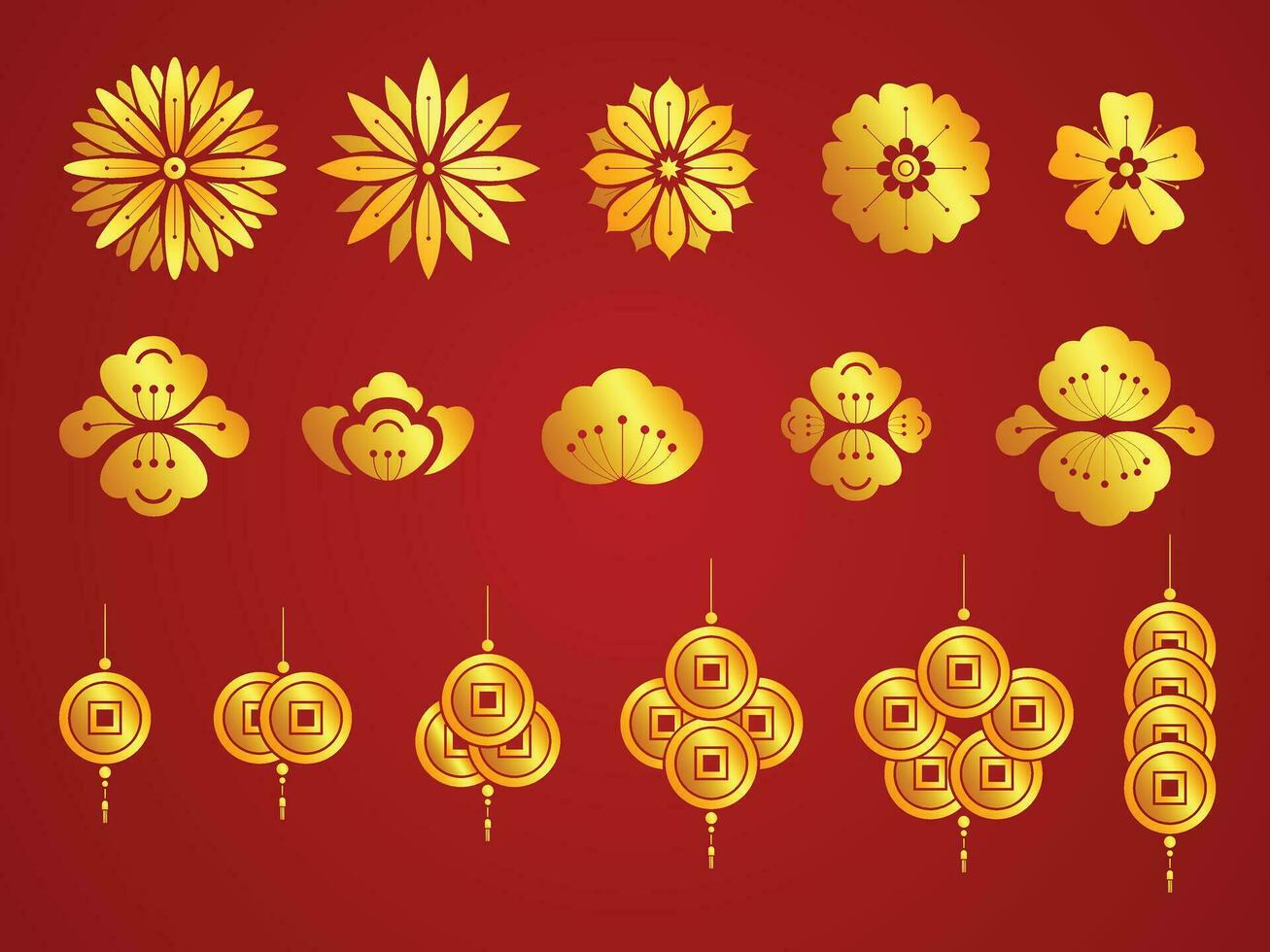 conjunto contemporáneo Arte oro flor florecer y moneda diseño para Decorar festival cultura oriental vector