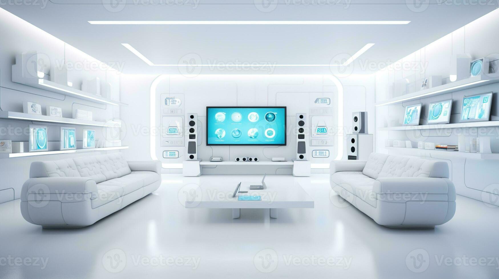 AI generated Generative AI, futuristic white gaming room, cyberpunk style, game modern setup photo
