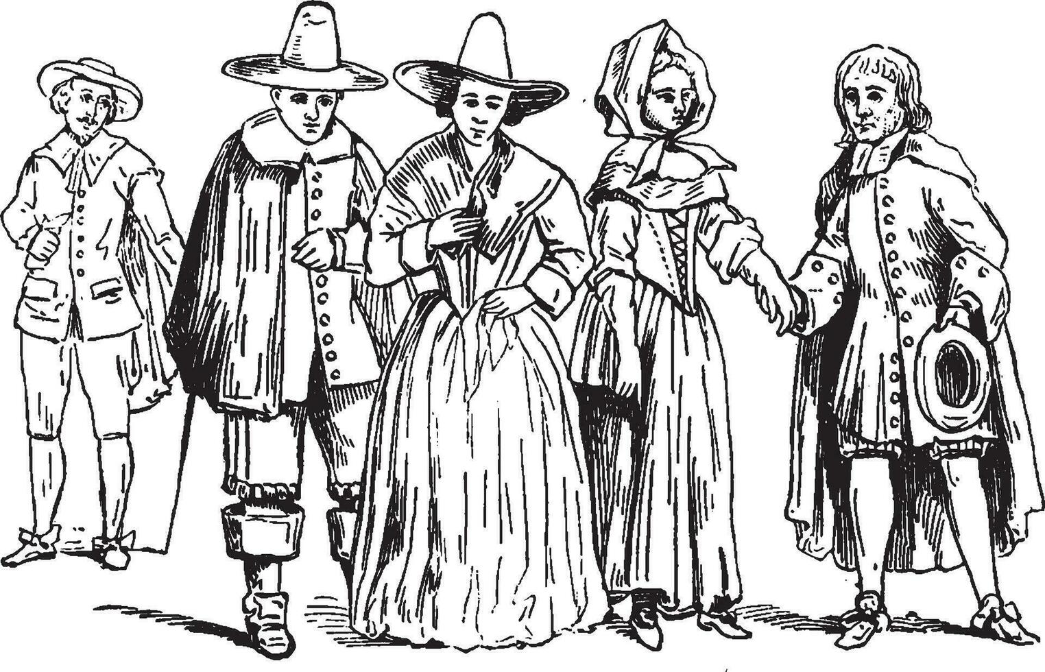 Puritans in mid 17th century, vintage illustration. vector