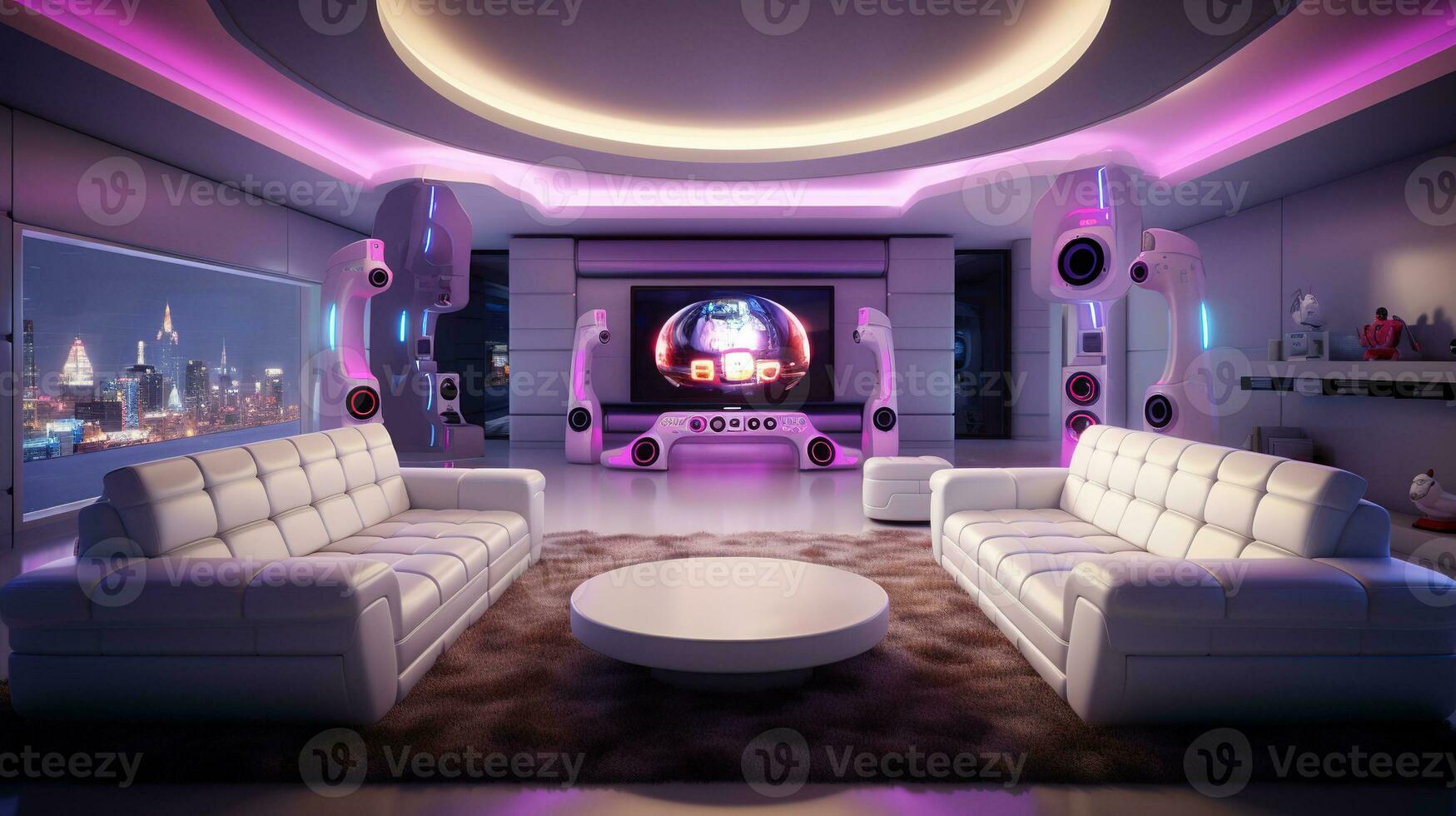 AI generated Generative AI, futuristic white gaming room, cyberpunk style, game modern setup photo