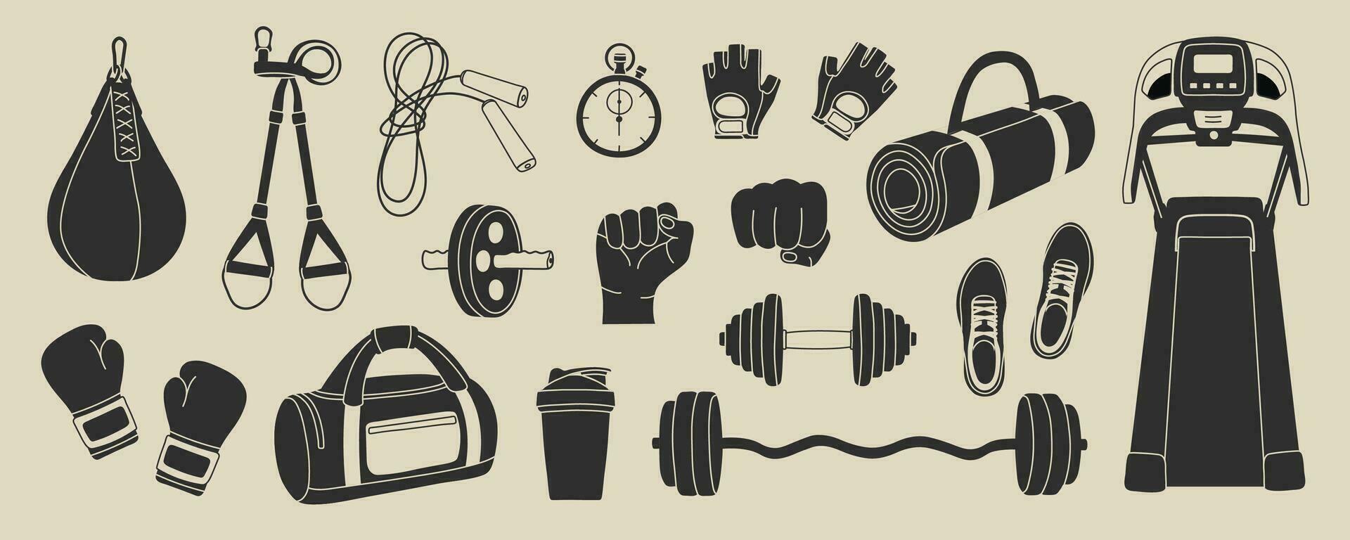 Sport equipment elements in modern flat line style. Hand drawn fitness inventory, gym accessories vector illustrations. Healthy lifestyle. Dumbbell, sport bag, barbell, fist, shoes, boxing gloves.