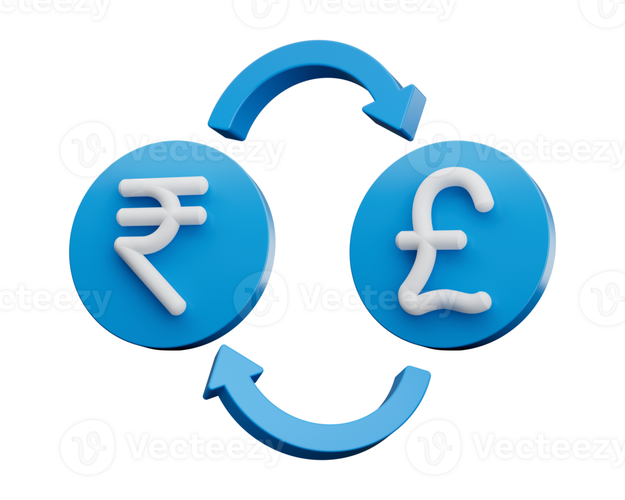 3d bianca indiano rupia e libbra simbolo su arrotondato blu icone con i soldi scambio frecce, 3d illustrazione png