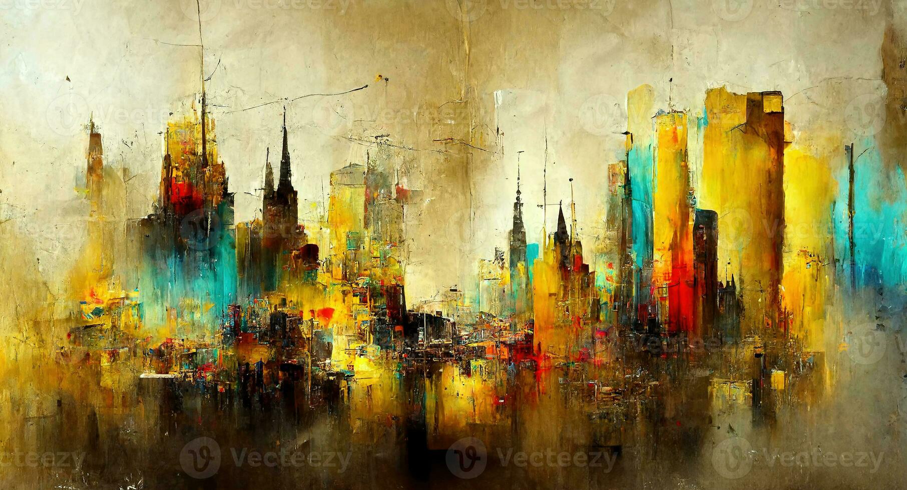 AI generated Generative AI, Colorful and golden watercolor abstract cityscape painted background. Ink street graffiti art on a textured paper vintage background, washes and brush strokes photo