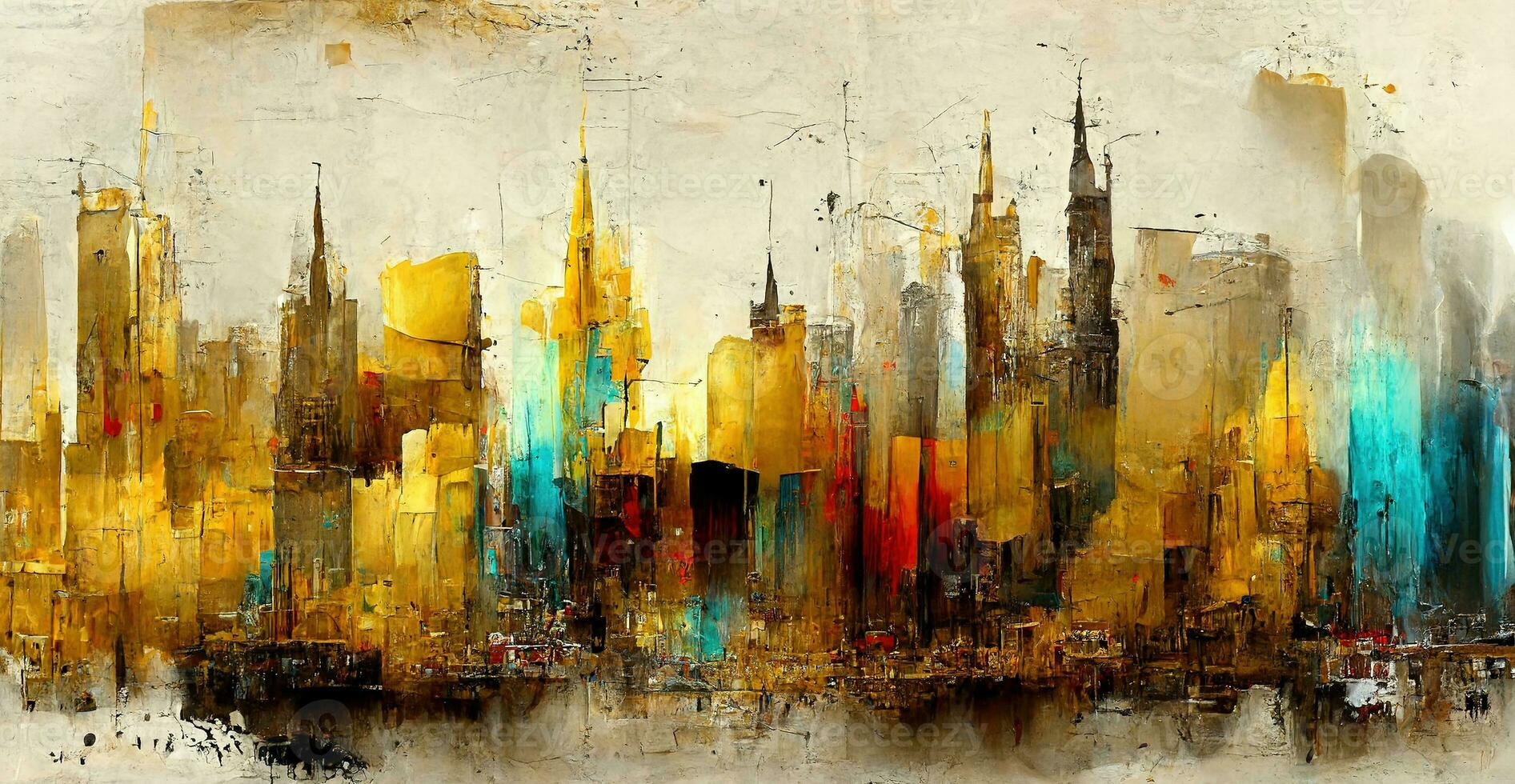 AI generated Generative AI, Colorful and golden watercolor abstract cityscape painted background. Ink street graffiti art on a textured paper vintage background, washes and brush strokes photo