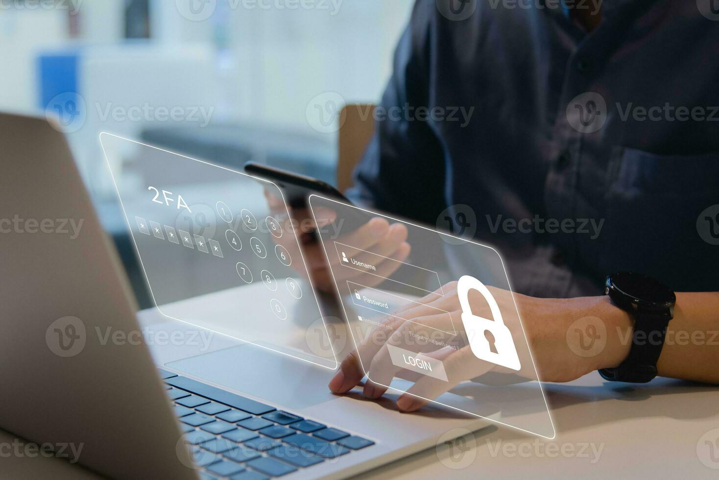 Enhancing cybersecurity with 2FA Two-Factor Authentication, Login Security, User ID Protection, and Encryption to thwart cyber hackers. photo