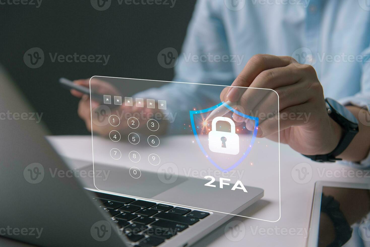 Enhancing cybersecurity with 2FA Two-Factor Authentication, Login Security, User ID Protection, and Encryption to thwart cyber hackers. photo