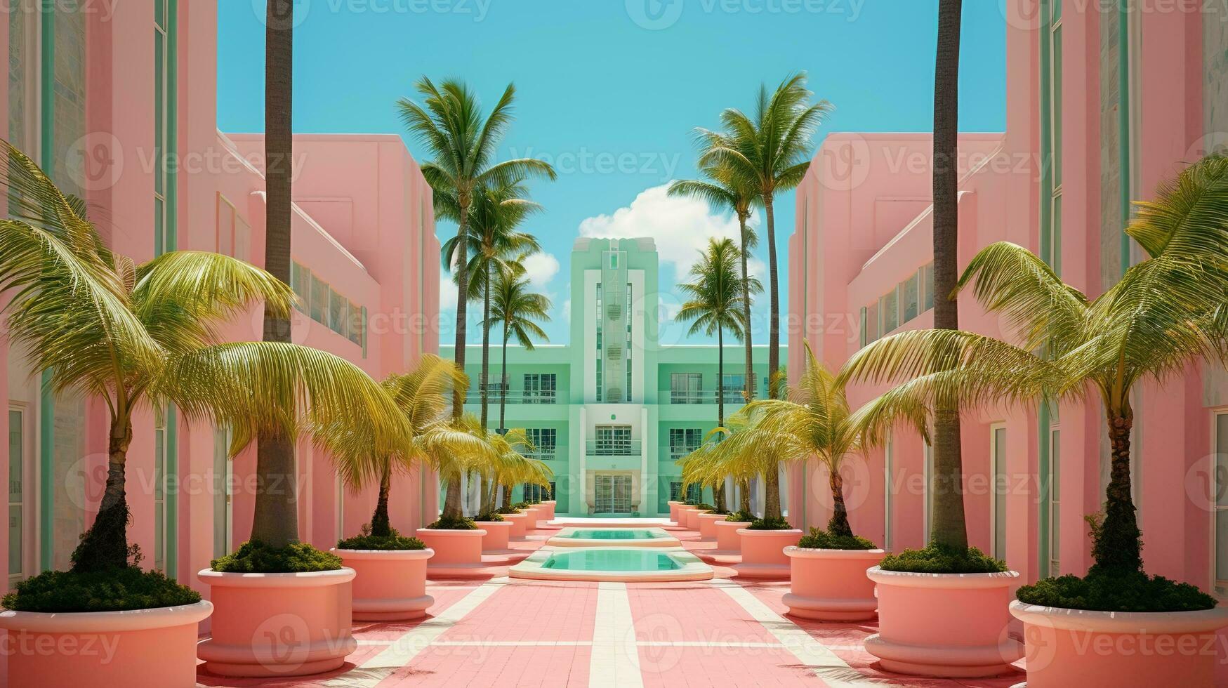 AI generated Generative AI, surreal Miami city with deco retro buildings, pink and blue colors, summer vibes photo