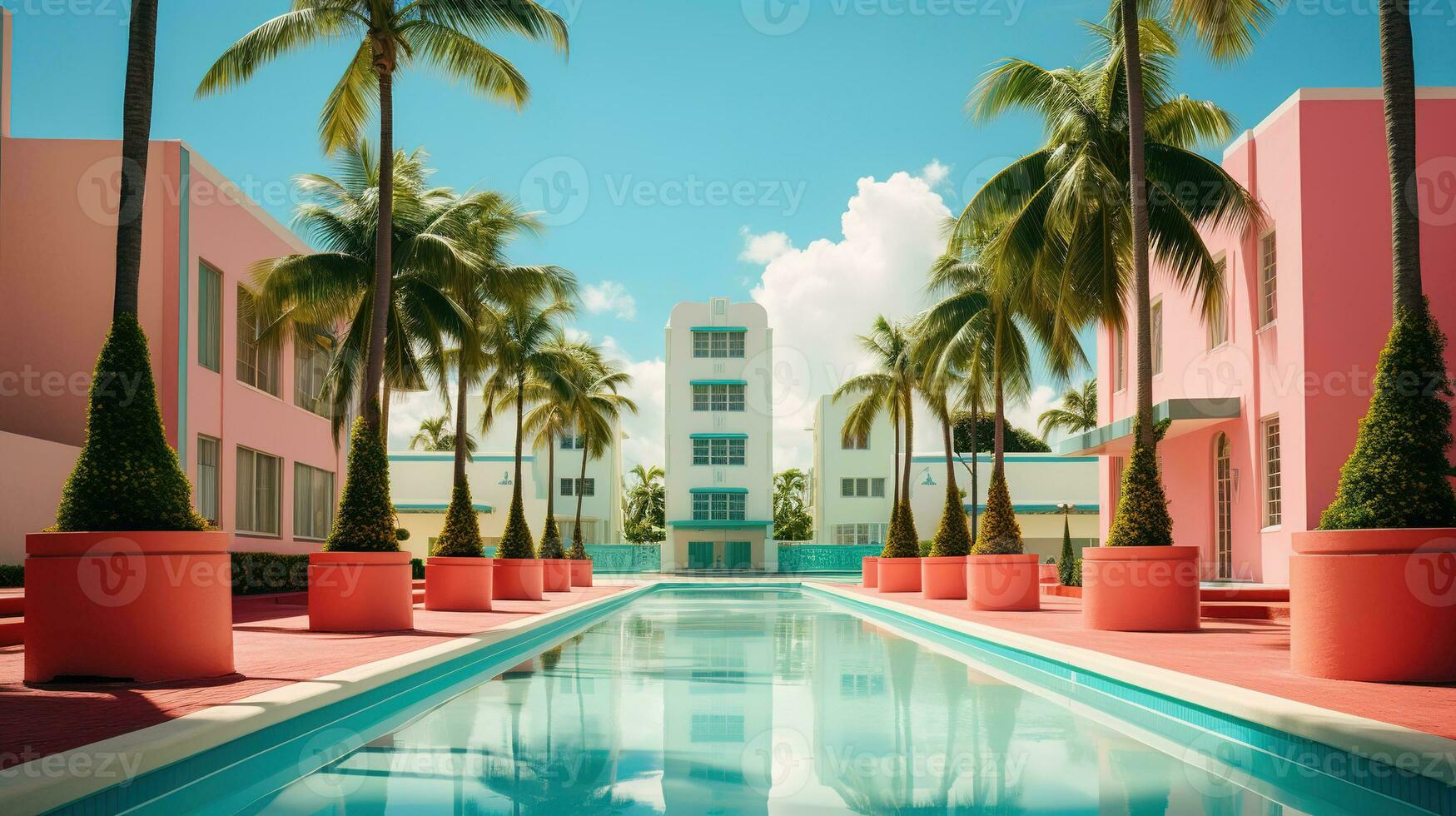 AI generated Generative AI, surreal Miami city with deco retro buildings, pink and blue colors, summer vibes photo