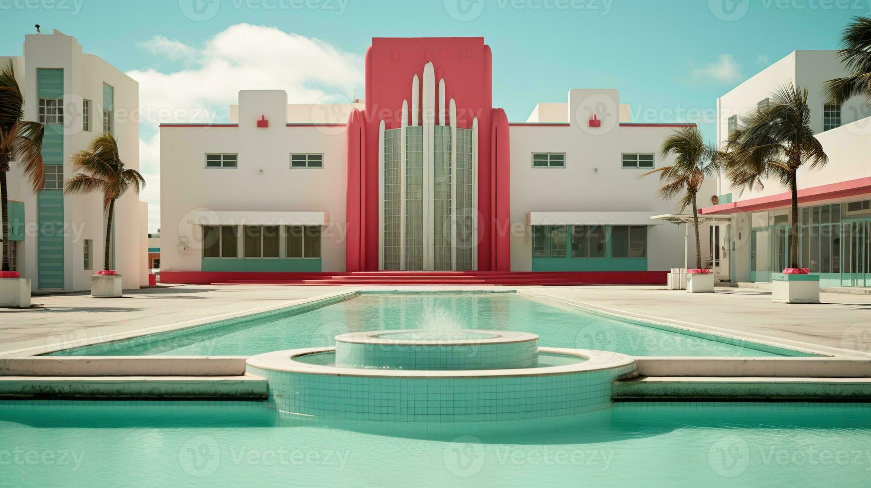 ai generado generativo ai, surrealista Miami ciudad con deco retro edificios, rosado y azul colores, verano vibraciones foto