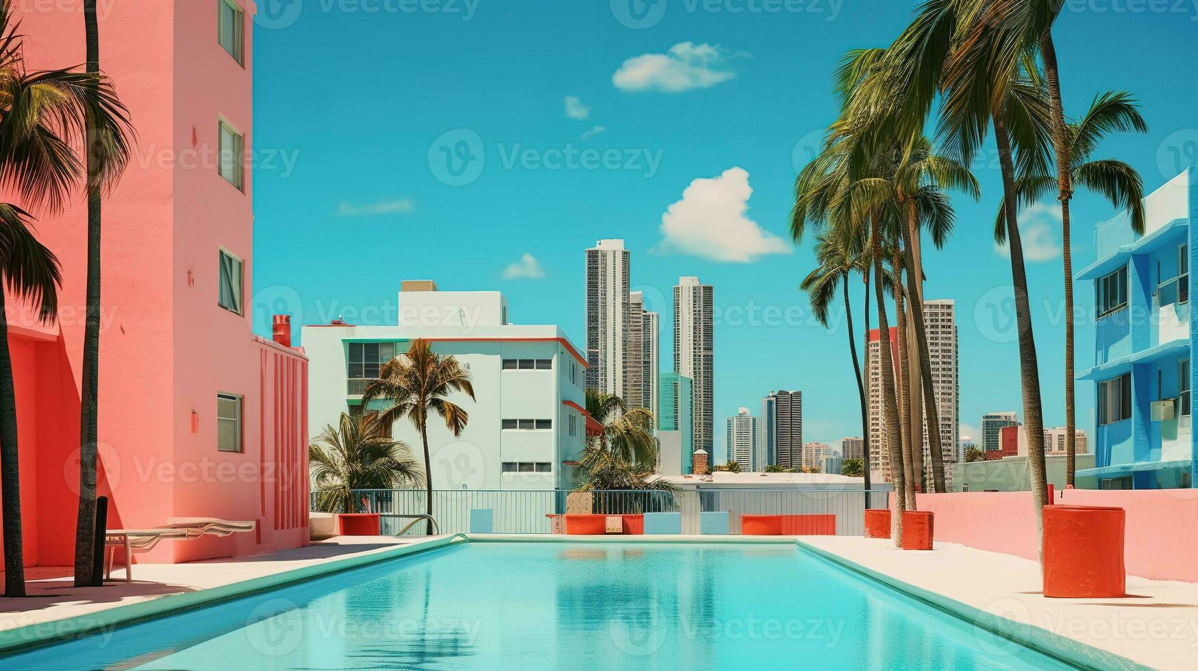 AI generated Generative AI, surreal Miami city with deco retro buildings, pink and blue colors, summer vibes photo
