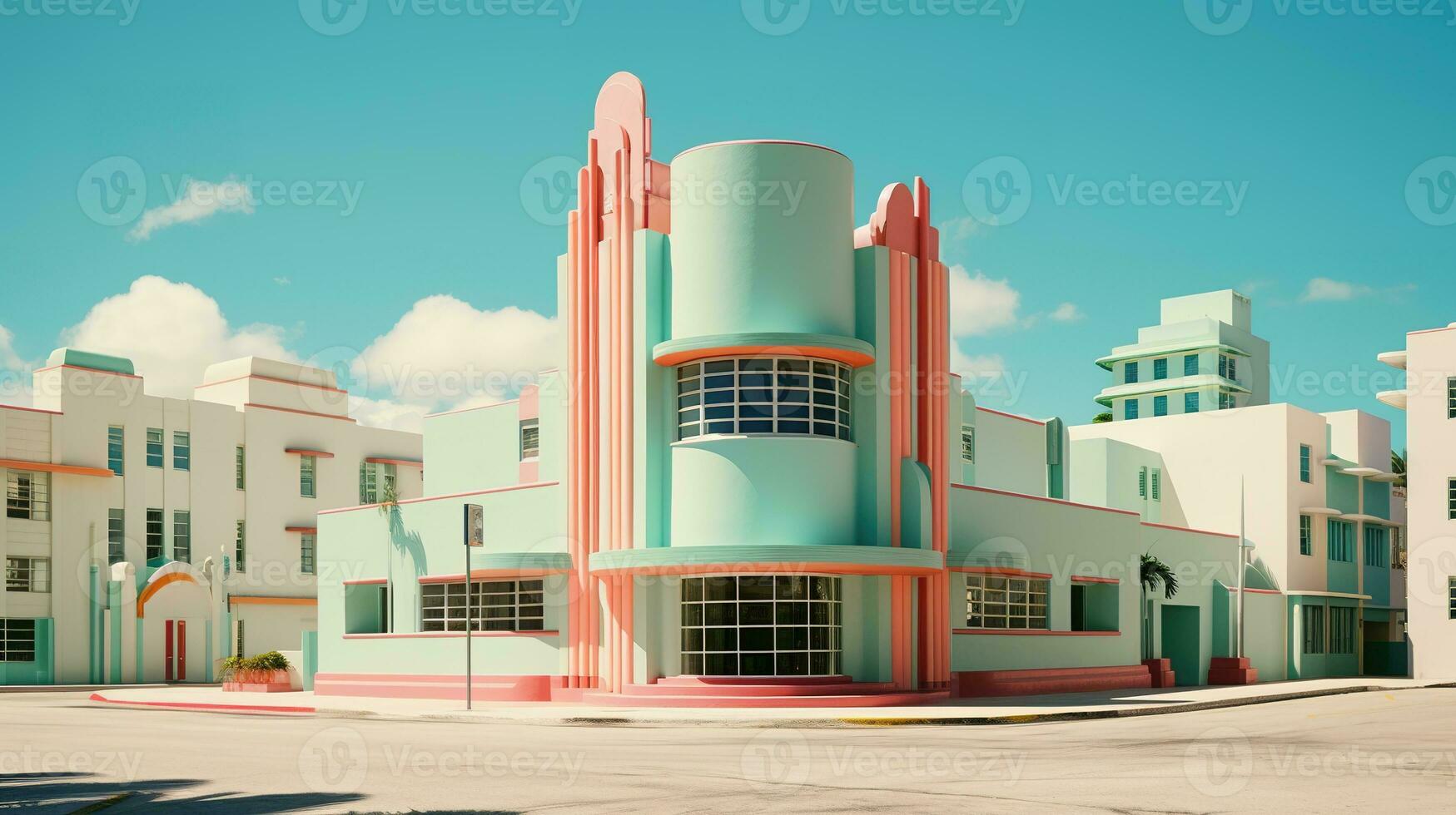 ai generado generativo ai, surrealista Miami ciudad con deco retro edificios, rosado y azul colores, verano vibraciones foto