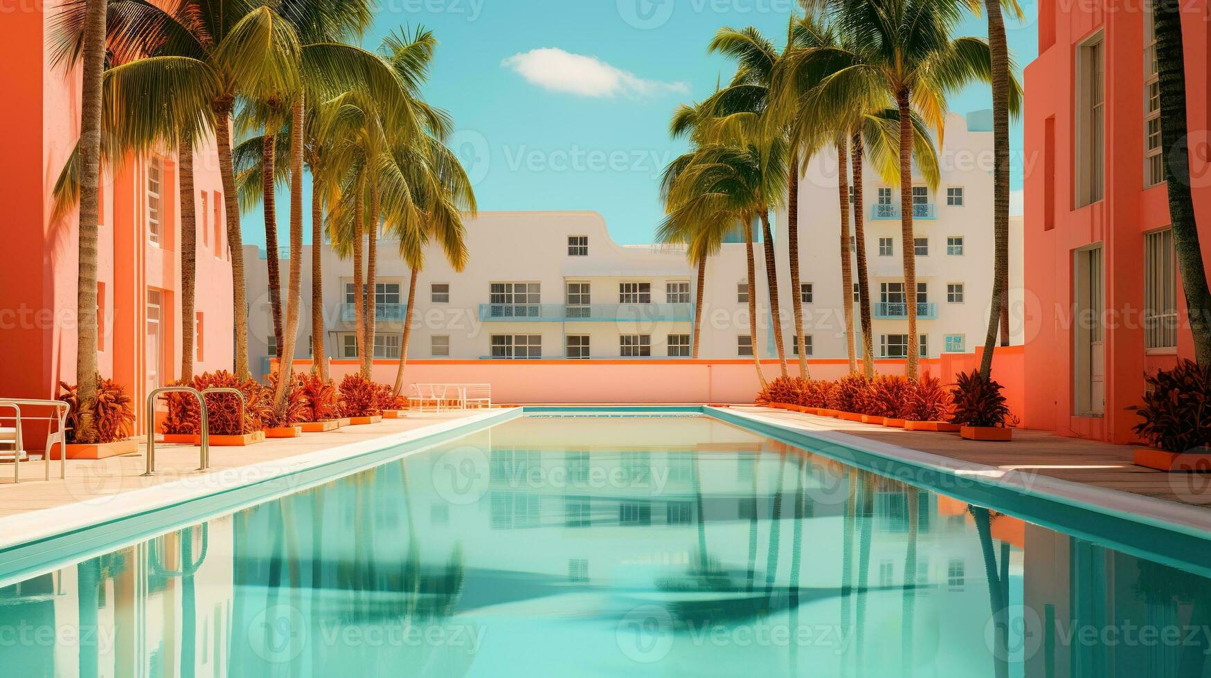 AI generated Generative AI, surreal Miami city with deco retro buildings, pink and blue colors, summer vibes photo