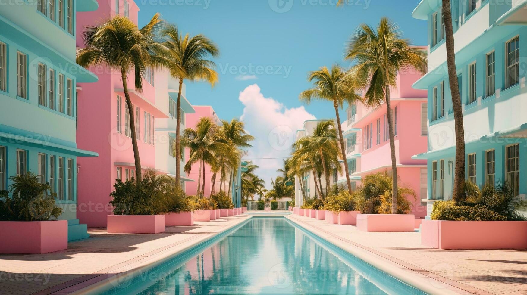 AI generated Generative AI, surreal Miami city with deco retro buildings, pink and blue colors, summer vibes photo