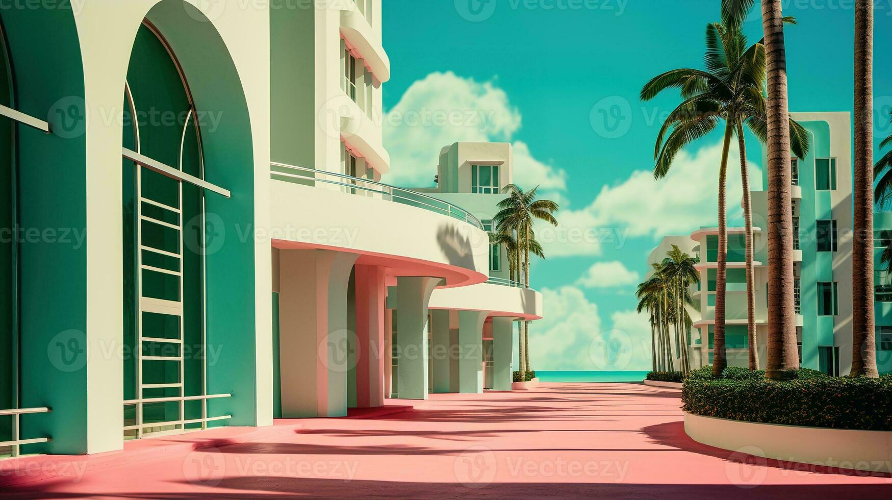 ai generado generativo ai, surrealista Miami ciudad con deco retro edificios, rosado y azul colores, verano vibraciones foto